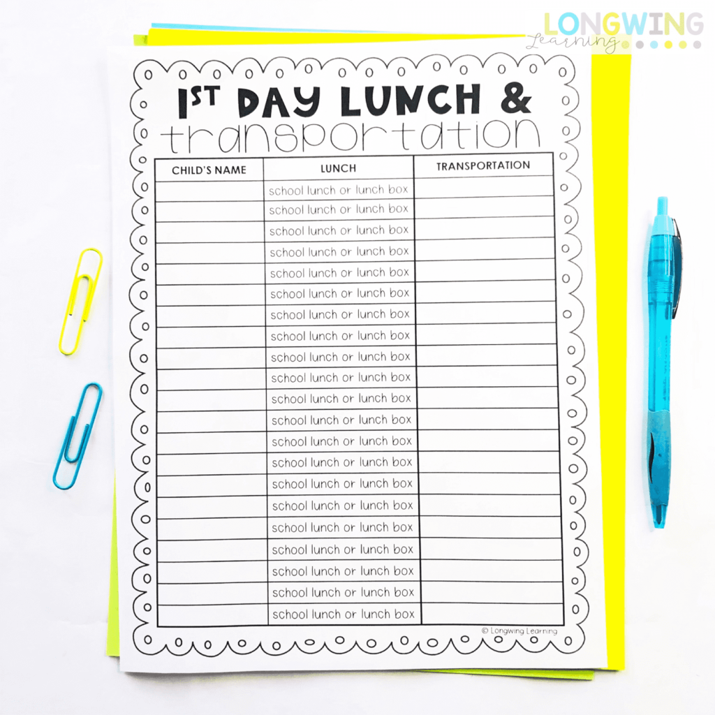 lunch and transportation sign in sheet for meet the teacher 