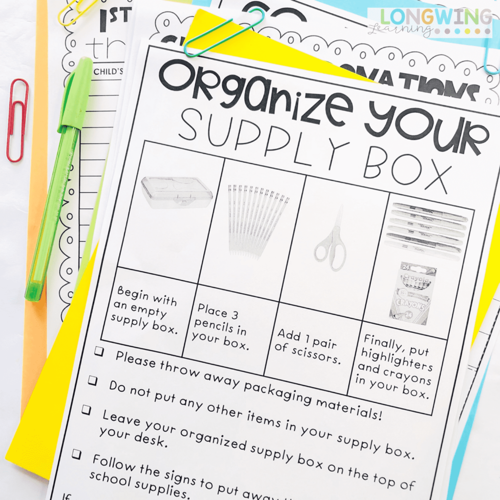directions for students to organize school supplies 