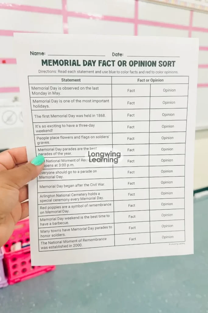memorial day Fact or Opinion Color Activity