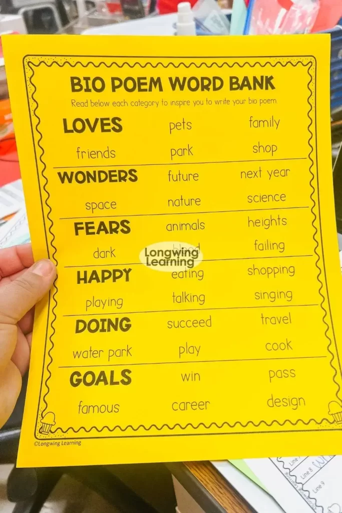 word bank for bio poem templates