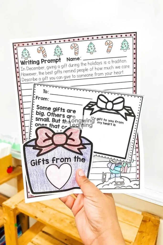 Reflective Christmas writing prompt titled Gifts From the Heart, used in low prep Christmas writing activities for upper elementary to guide meaningful holiday writing.