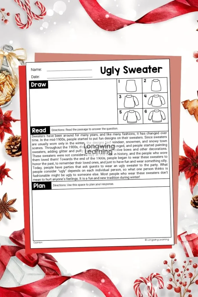 Student writing sample paired with directed drawing for winter paragraph prompts; an example of creative Christmas ELA activities for upper elementary that combine writing and art