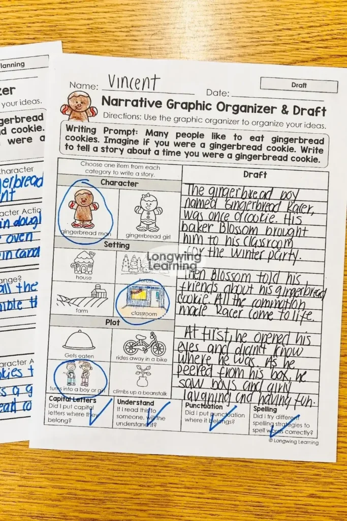 Gingerbread narrative writing sample displayed with character problem and solution cards, part of low prep Christmas writing activities for upper elementary narrative practice.