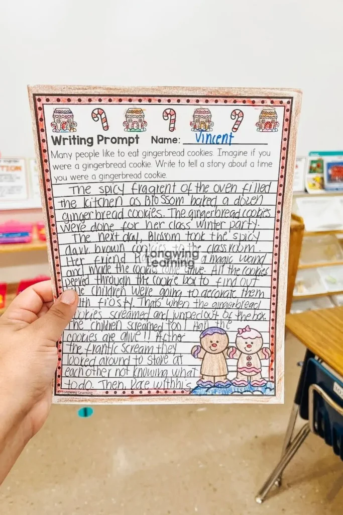 Completed gingerbread narrative writing sample showing detailed student work, part of low prep Christmas writing activities for upper elementary writing lessons.
