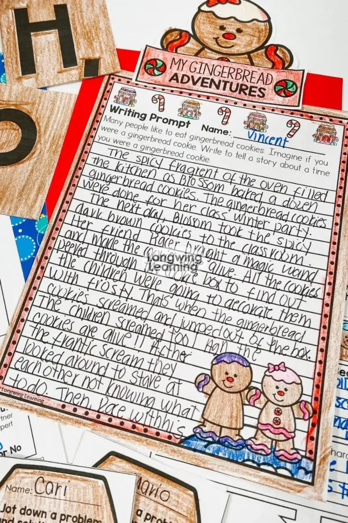 Gingerbread-themed narrative writing sample decorated with a topper; a festive and skill-focused Christmas ELA activity for upper elementary writing lessons.