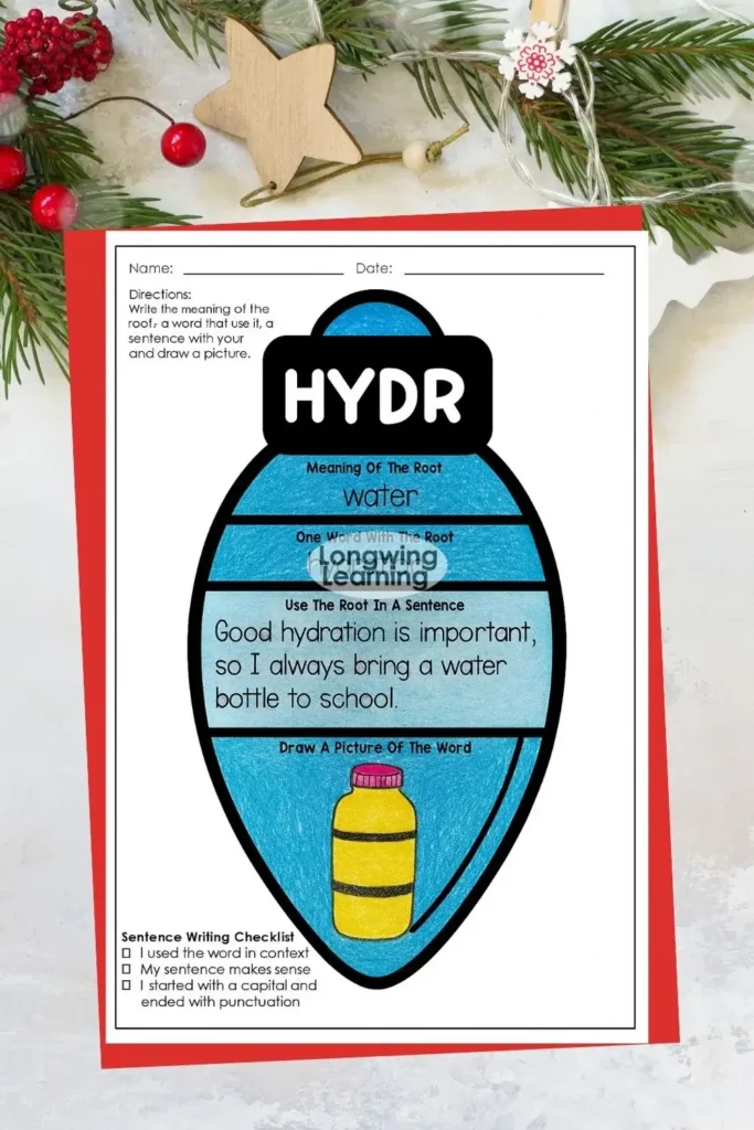 Christmas ornament root word worksheet showing the root “hydr” with meaning, sentence, and illustration, part of low prep Christmas writing activities for upper elementary students