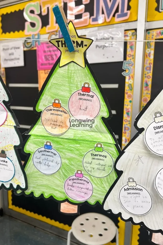 Close-up of student-created Greek and Latin roots Christmas tree vocabulary activity; a seasonal way to reinforce morphology in upper elementary ELA.