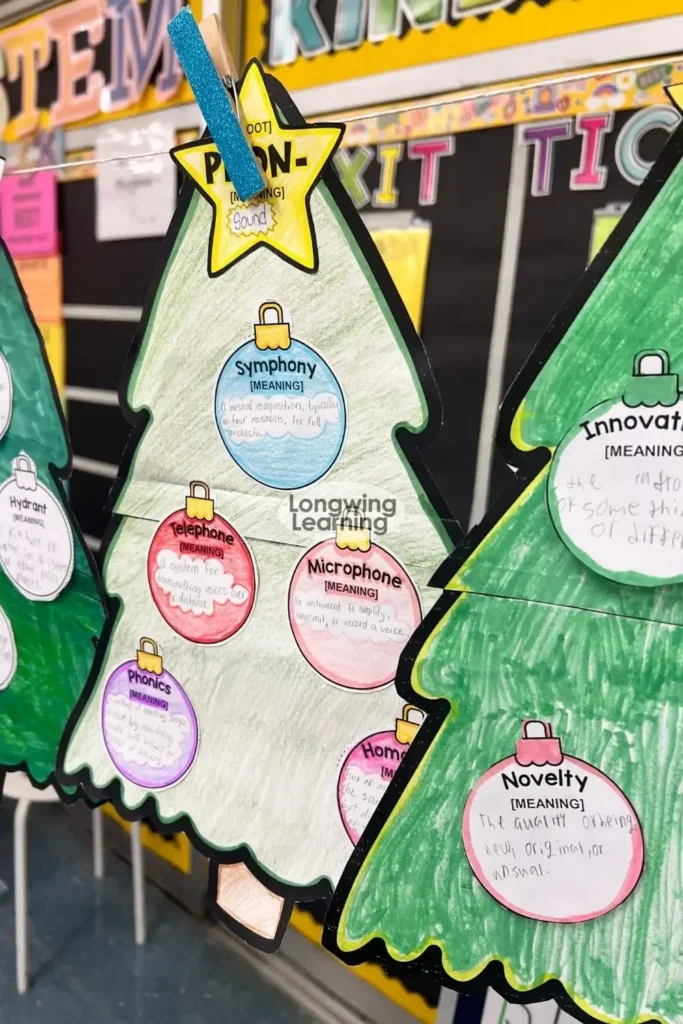 Christmas tree morphology craft featuring Greek and Latin roots ornaments, included in low prep Christmas writing activities for upper elementary vocabulary practice.