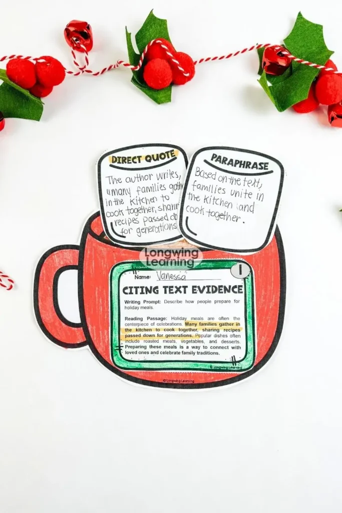 Printable hot cocoa craft for quoting and paraphrasing text evidence, included in low prep Christmas writing activities for upper elementary literacy lessons.