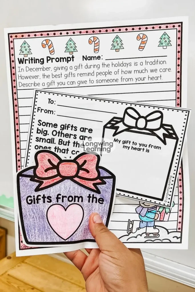 Writing activity inspired by the book “Gifts from the Heart,” prompting students to reflect and write about meaningful gifts; ideal for Christmas ELA instruction in upper elementary.