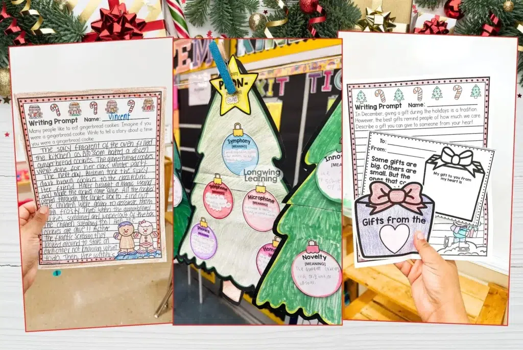 Classroom table featuring completed Christmas writing prompts and morphology crafts, representing low prep Christmas writing activities for upper elementary students.