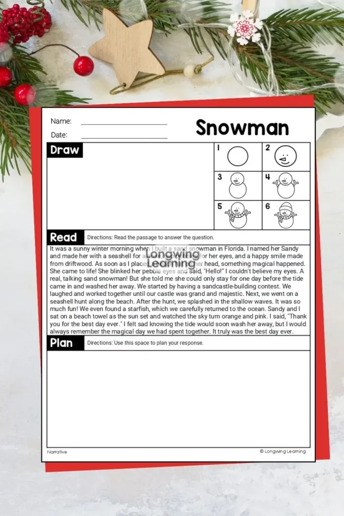 Snowman themed directed drawing and paragraph writing prompt used as an independent task in low prep Christmas writing activities for upper elementary.
