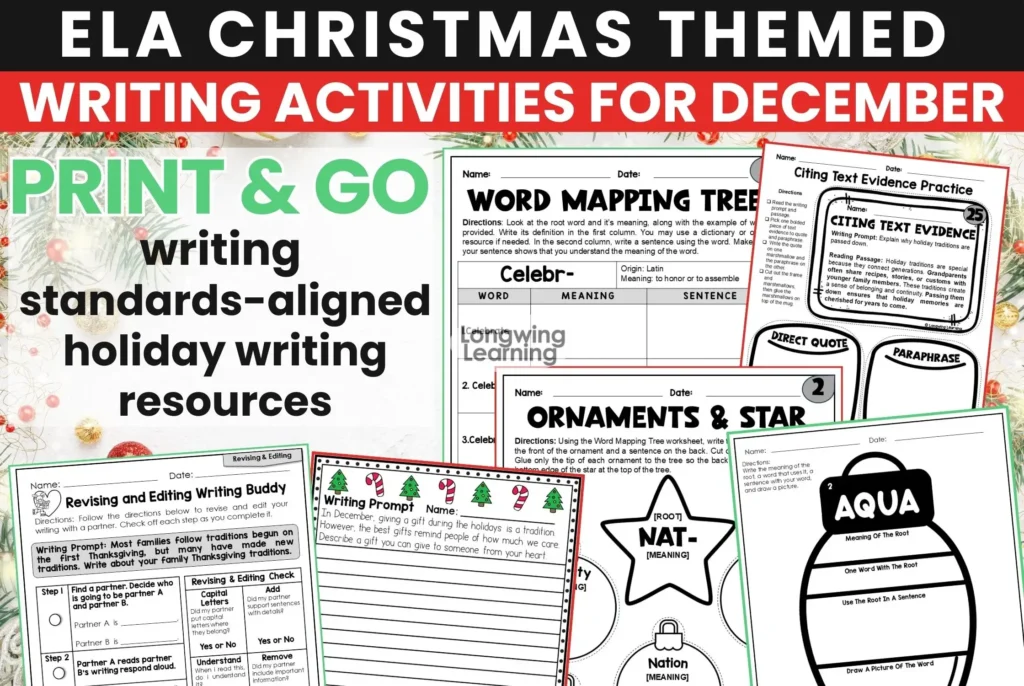 Classroom table featuring completed Christmas writing prompts and morphology crafts, representing low prep Christmas writing activities for upper elementary students.