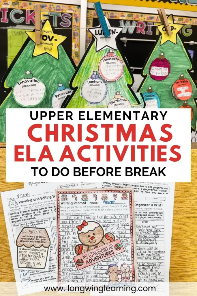 Holiday bulletin board with student work showcasing fun and rigorous Christmas ELA activities for upper elementary grades, including writing and vocabulary tasks.