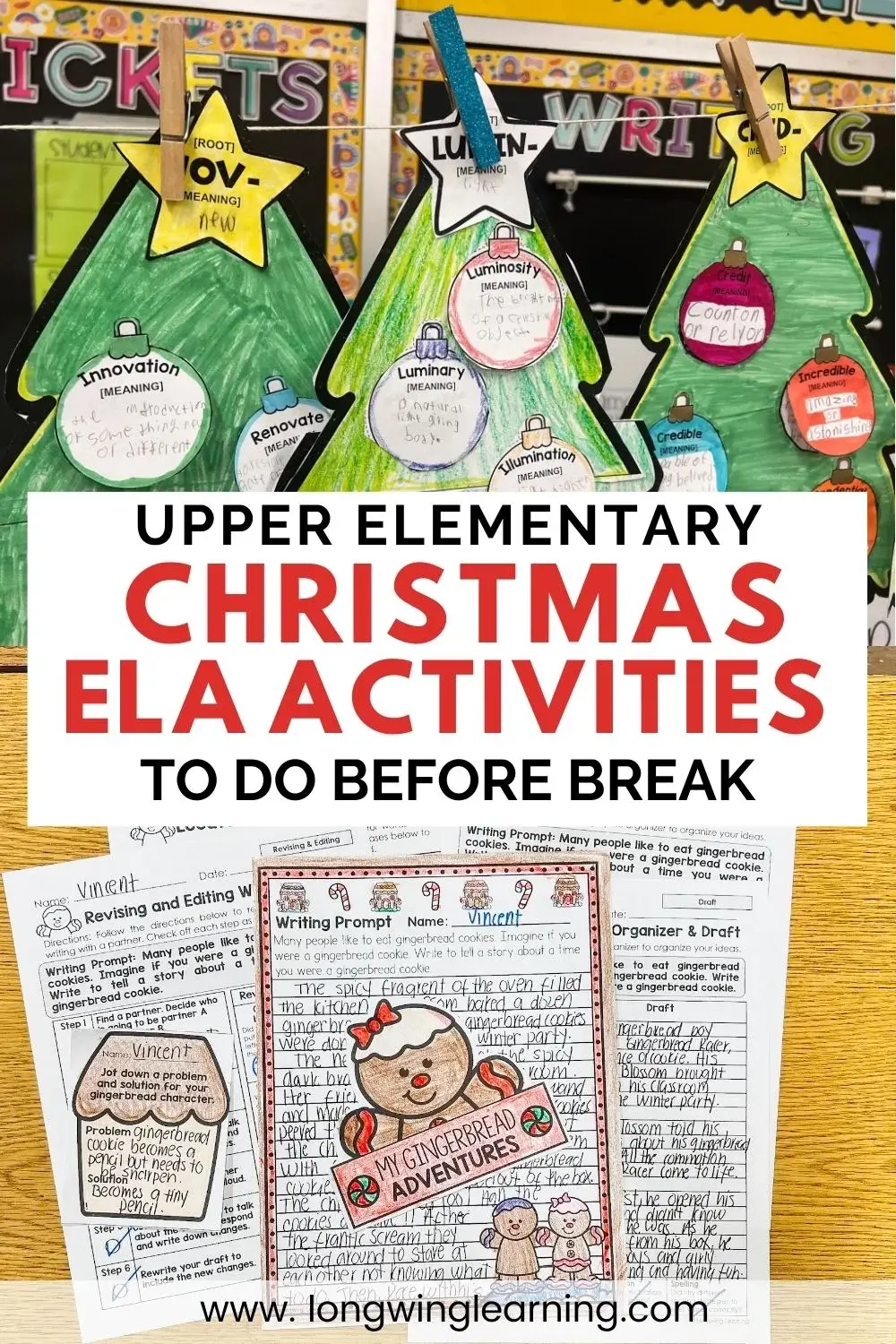 Holiday bulletin board with student work showcasing fun and rigorous Christmas ELA activities for upper elementary grades, including writing and vocabulary tasks.