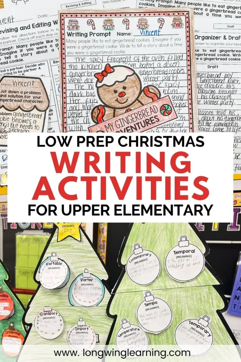 Collage image featuring student writing samples and Christmas crafts used FOR low prep Christmas writing activities for upper elementary teachers.