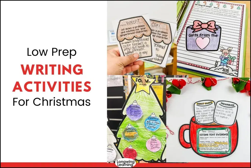Student‑created Christmas tree bulletin board featuring vocabulary ornaments, an example of low prep Christmas writing activities for upper elementary that blend writing with seasonal displays.
