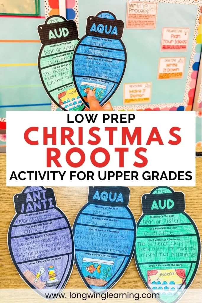 Flatlay image featuring finished Christmas Greek and Latin roots activity ornaments, worksheets, and holiday lights for a festive classroom vocabulary project