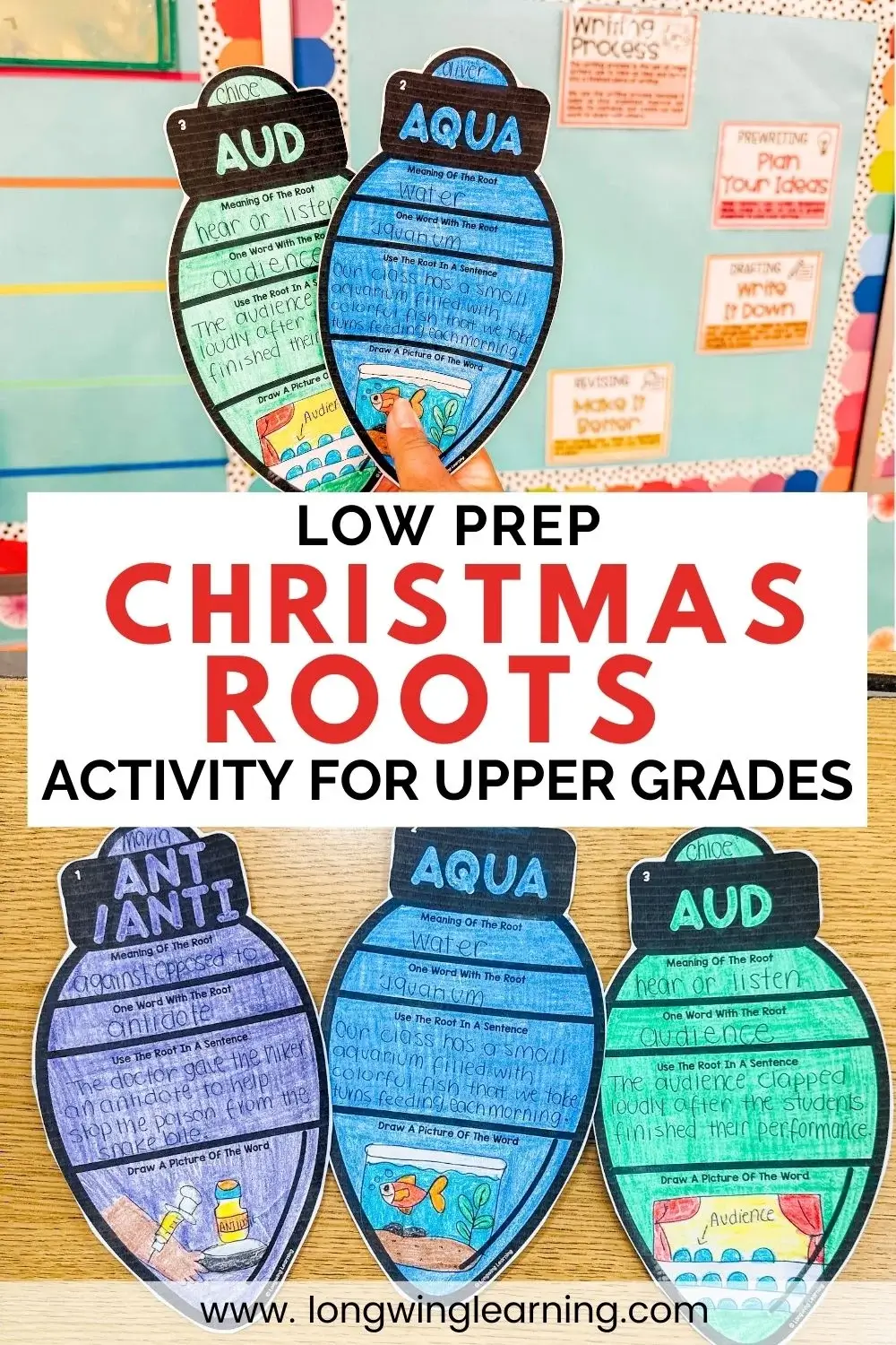Flatlay image featuring finished Christmas Greek and Latin roots activity ornaments, worksheets, and holiday lights for a festive classroom vocabulary project
