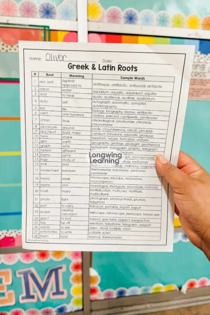 Teacher displaying a student checklist used to track completed ornaments in a Christmas Greek and Latin roots activity.