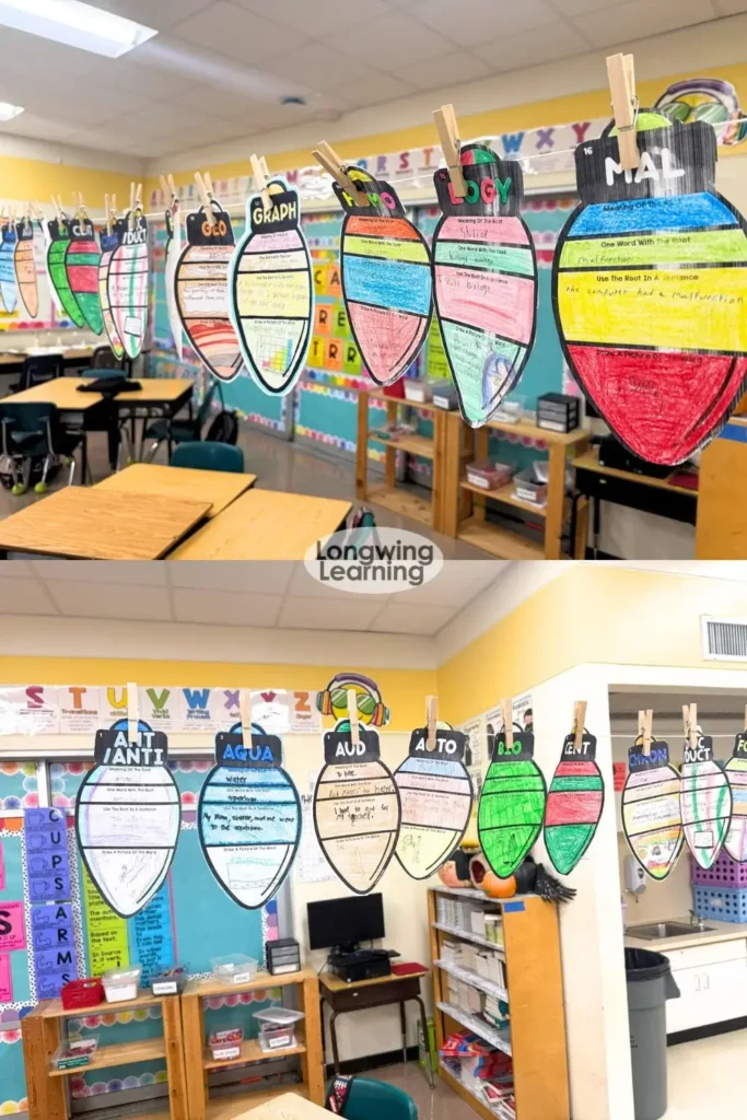 Colorful student-made Christmas light bulbs hanging across a classroom, each decorated with definitions and examples of Greek and Latin roots as part of a Christmas Greek and Latin roots activity