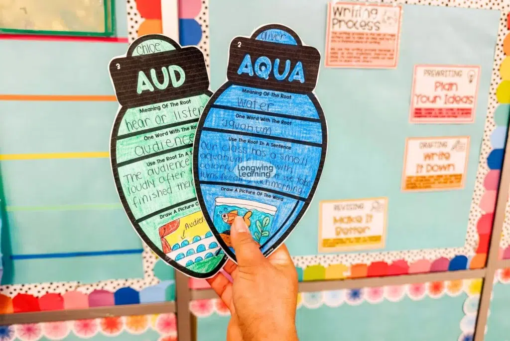 Student hand holding a completed ornament for a Christmas Greek and Latin roots activity, displaying the root AQUA with a sentence, picture, and definition.