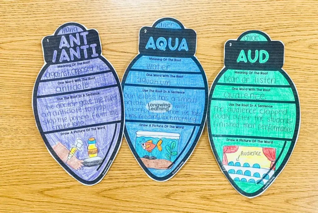 Three completed ornaments labeled ANTI, AQUA, and AUD from a Christmas Greek and Latin roots activity, showing definitions, examples, and student illustrations