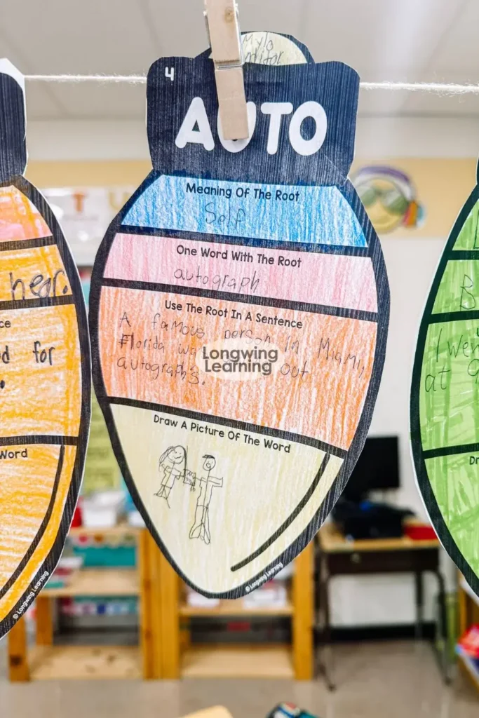 Close-up of Christmas light–shaped root word crafts clipped to a string, showing student work on Greek and Latin roots for a festive Christmas Greek and Latin roots activity.