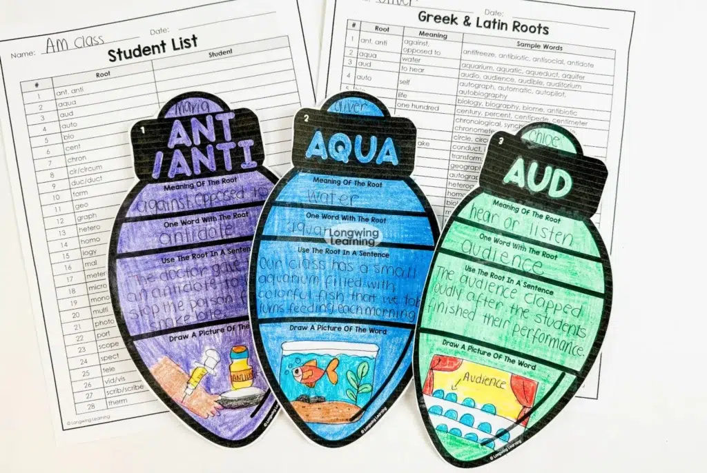 Christmas Greek and Latin roots activity showing completed ornament crafts placed on top of matching worksheets for upper elementary vocabulary practice.