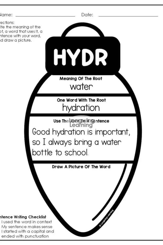 Black-and-white HYDR ornament worksheet template from a Christmas Greek and Latin roots activity showing definition, word examples, sentence, and drawing section.