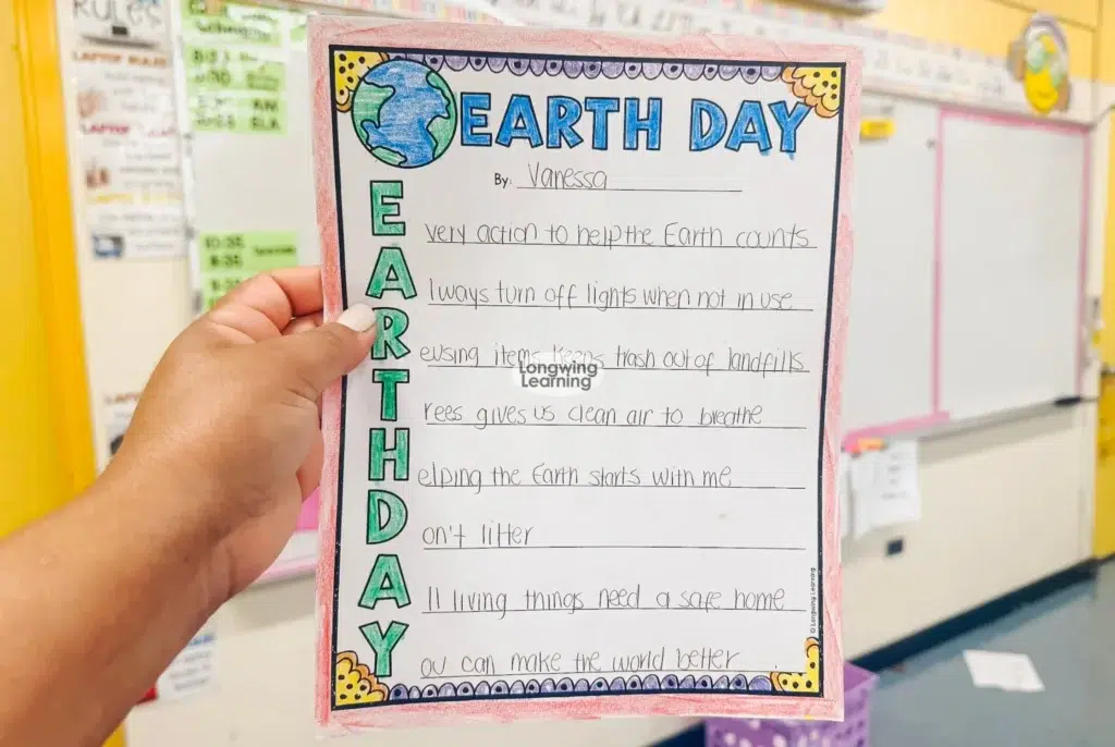 earth day acrostic poem example written by upper elementary student Alt text: earth day activities upper elementary anchor chart helping students brainstorm ways to care for the Earth 2. Acrostic Poem + Reading Passage Alt text: earth day acrostic poem and reading passage activity for upper elementary students 3. Acrostic Poem Fill in the Blank (Word Bank) Alt text: earth day acrostic poem worksheet with word bank for upper elementary writing activity 4. Completed Acrostic Poem Example Alt text: