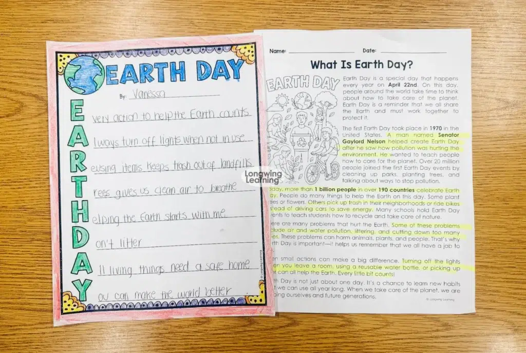 earth day acrostic poem and reading passage activity for upper elementary students