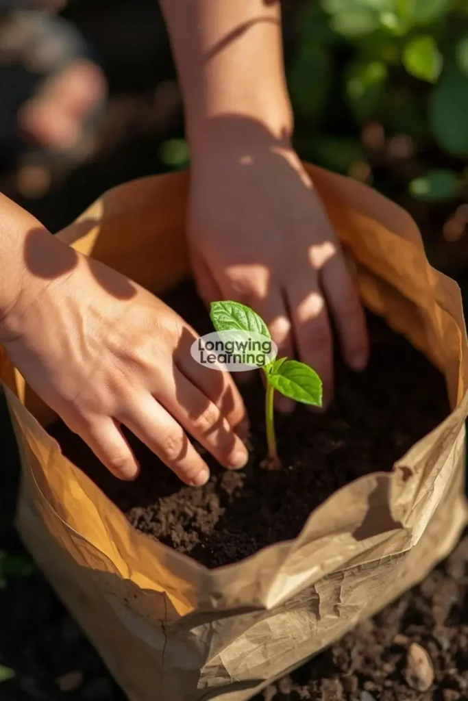 earth day planting activity for students using brown paper bag and soil hands on project
