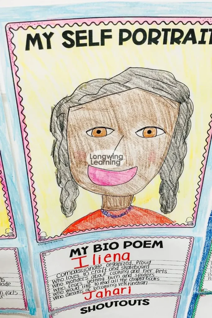 4th grade poetry activity student self portrait for bio poem classroom project
