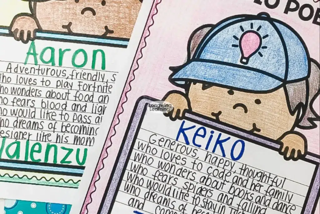 Bio poem templates for 4th grade poetry activities with coloring and writing sections