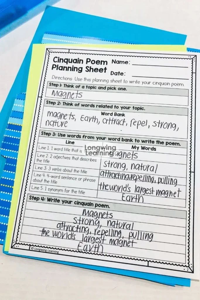 Cinquain poem planning sheet for 4th grade poetry activity with step by step writing guide