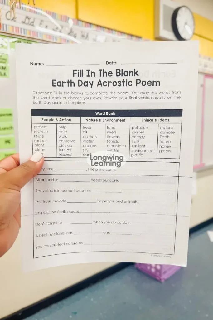 Earth Day acrostic poem worksheet for 4th grade poetry activity with word bank
