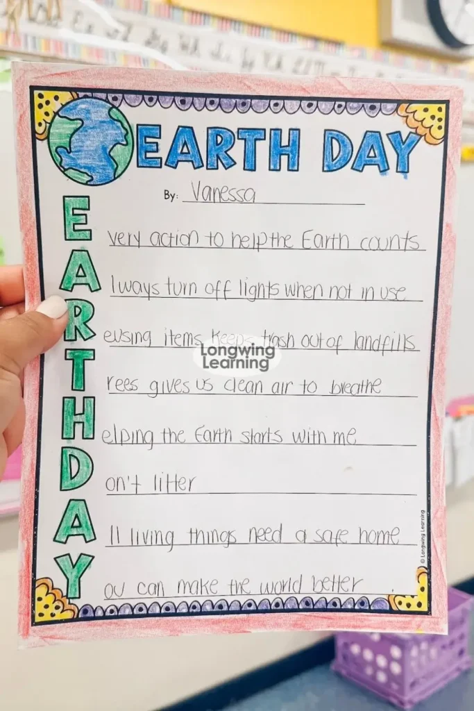 Completed Earth Day acrostic poem example for 4th grade classroom writing activity