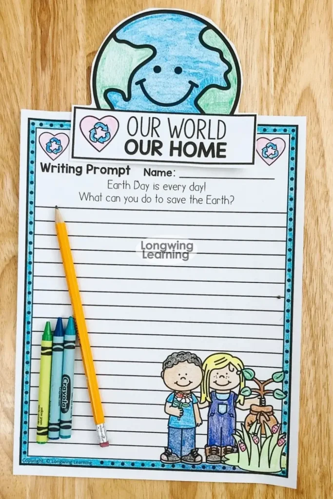 earth day writing prompt worksheet for upper elementary students with drawing and writing space