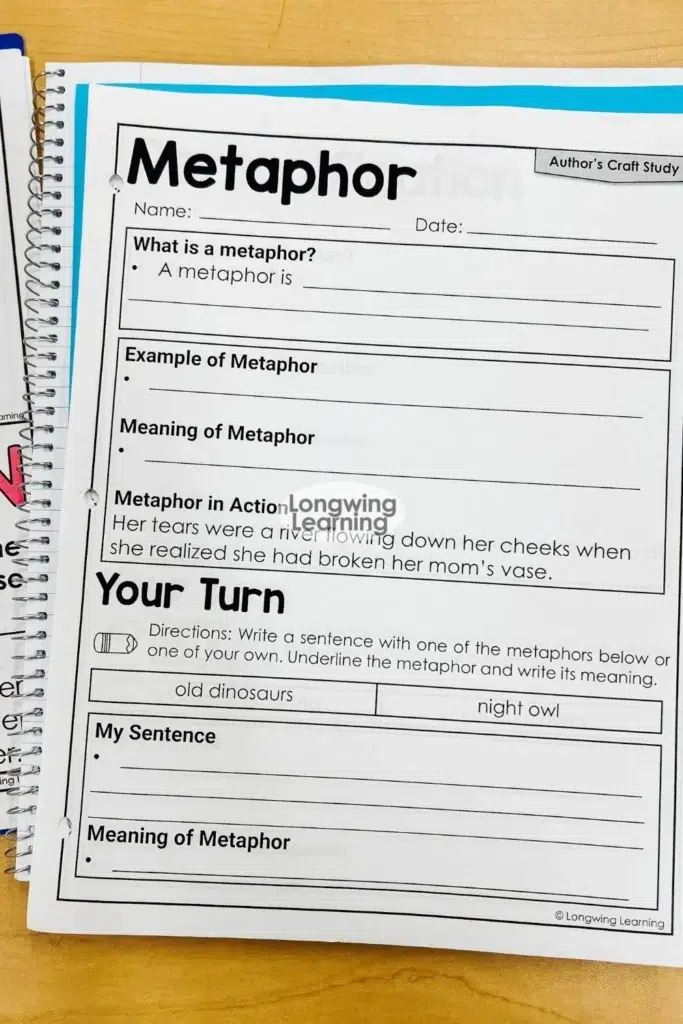 Figurative language definitions and examples student worksheet with metaphor definition example and writing practice