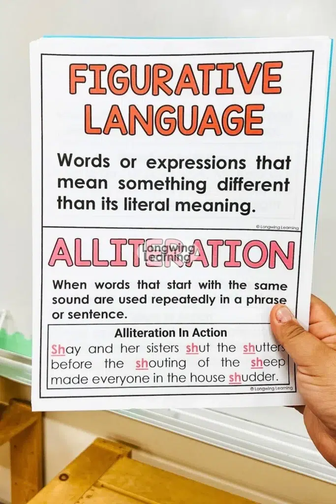 Figurative language definitions and examples anchor chart showing definition and alliteration example for students