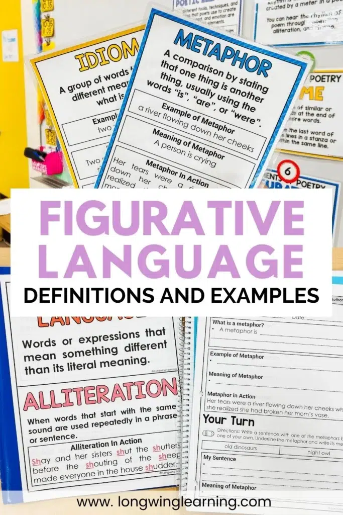 Figurative language definitions and examples anchor charts and worksheets for upper elementary classroom instruction