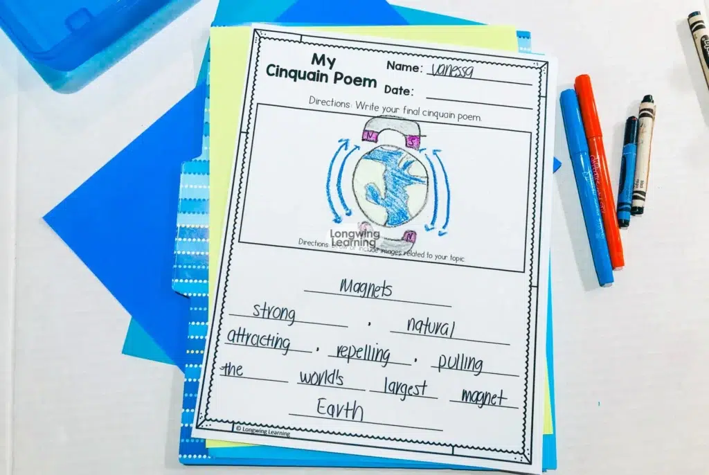 Cinquain poem example for 4th grade showing student writing about magnets