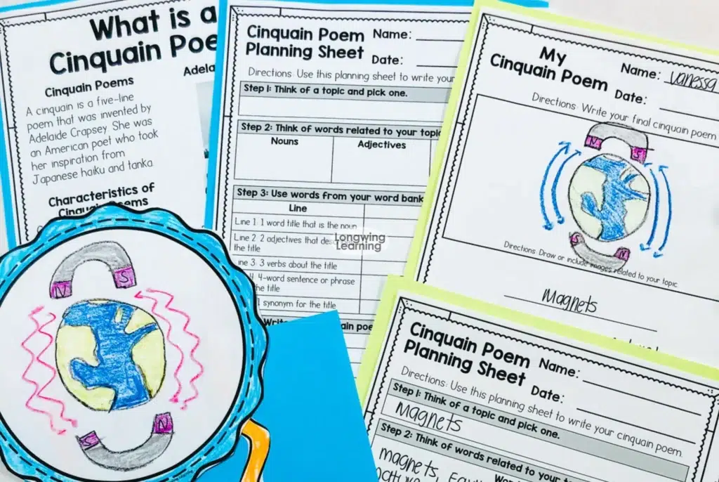 Cinquain poem templates and worksheets for upper elementary poetry activities