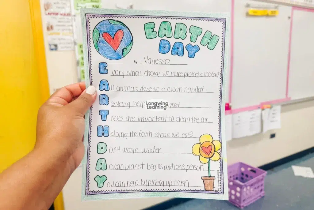 Earth Day acrostic poem example for 4th grade poetry writing activity