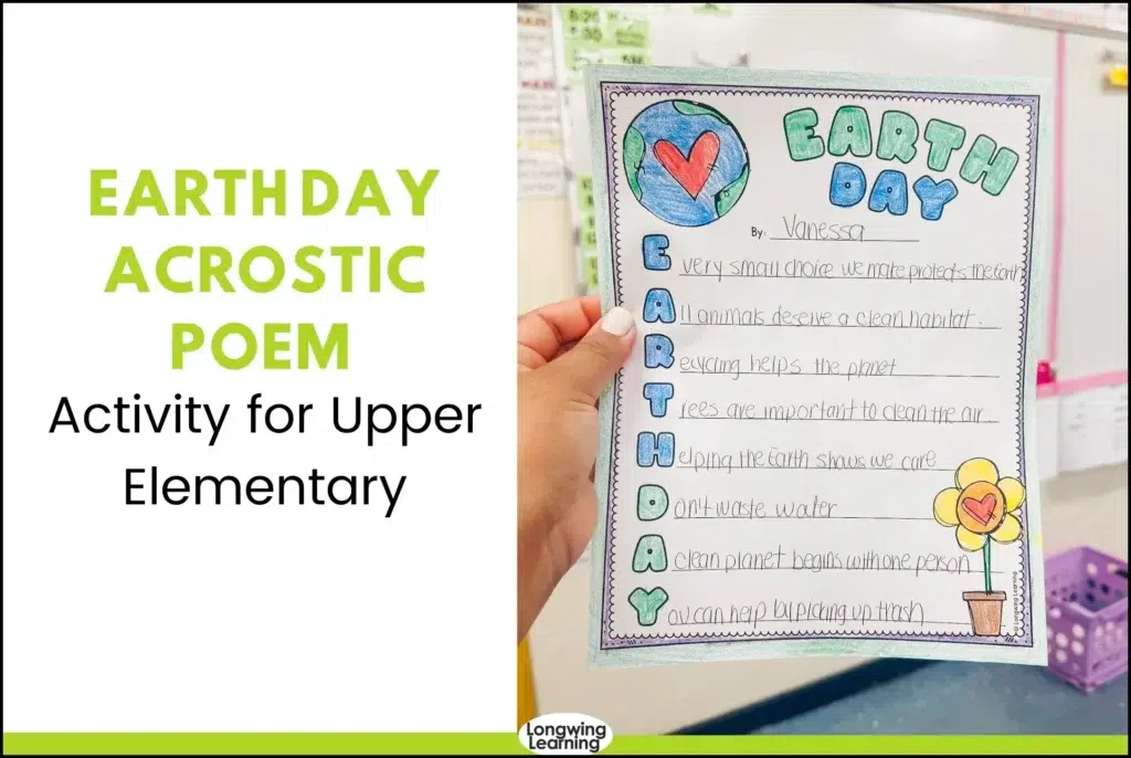earth day acrostic poem activity for upper elementary with writing worksheet and reading passage