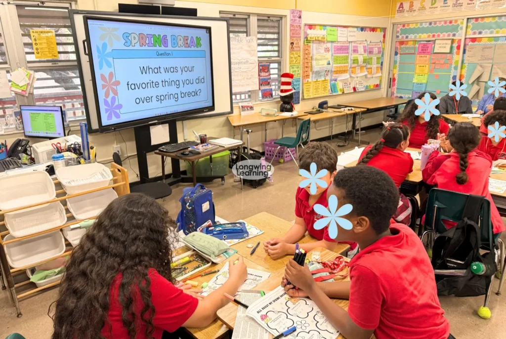 after spring break activities upper elementary classroom discussion with students sharing ideas in small groups