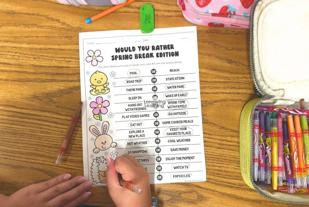 after spring break activities upper elementary would you rather worksheet with student coloring and circling choices