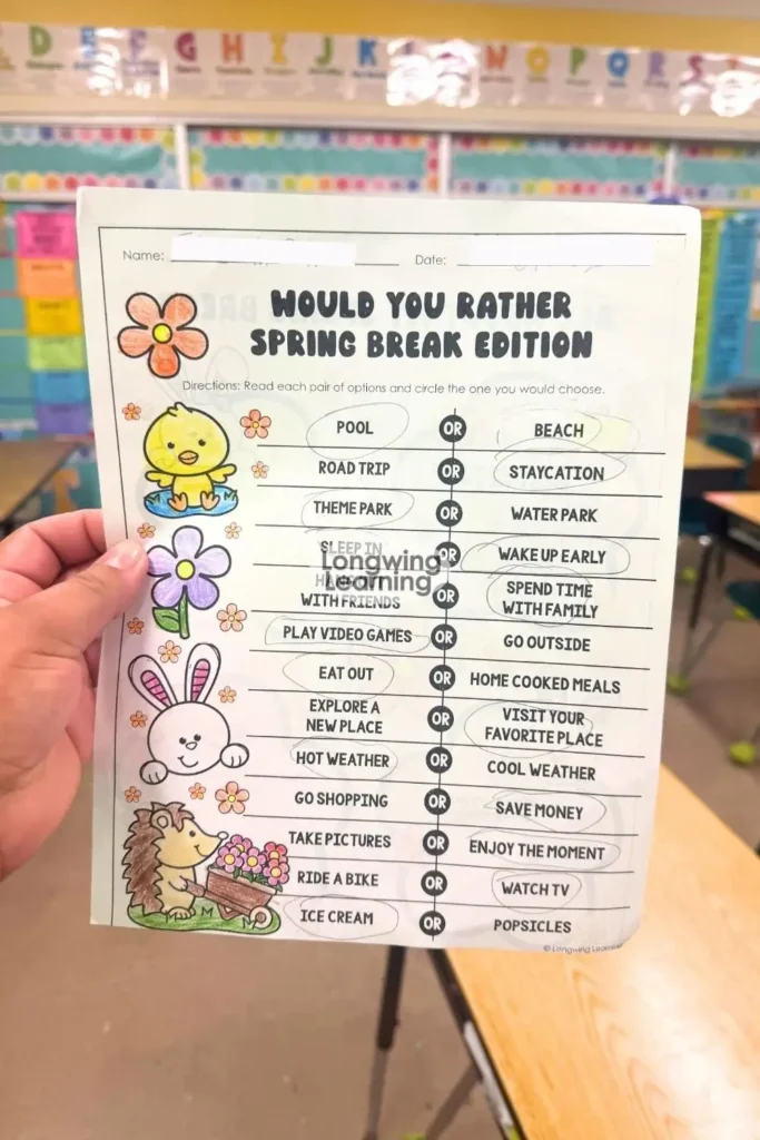 after spring break activities upper elementary spring break bell ringer worksheet with would you rather choices