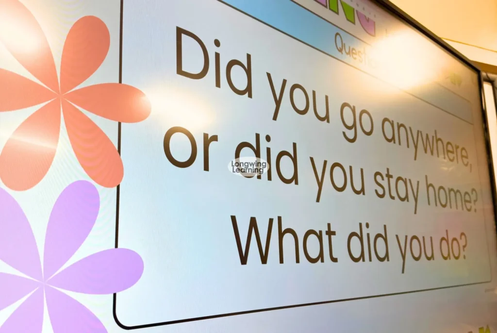 spring break discussion question slide for upper elementary students about travel or staying home